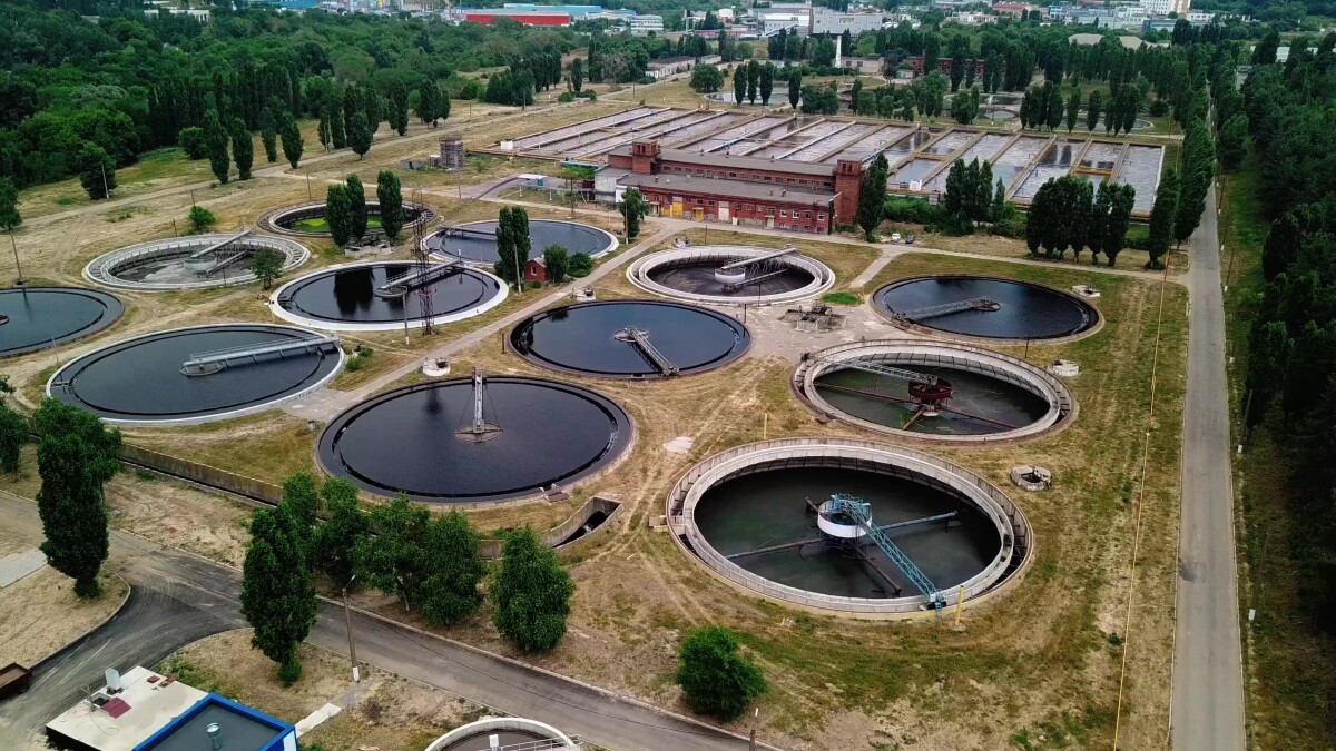 Modern sewage treatment plant, aerial view from drone