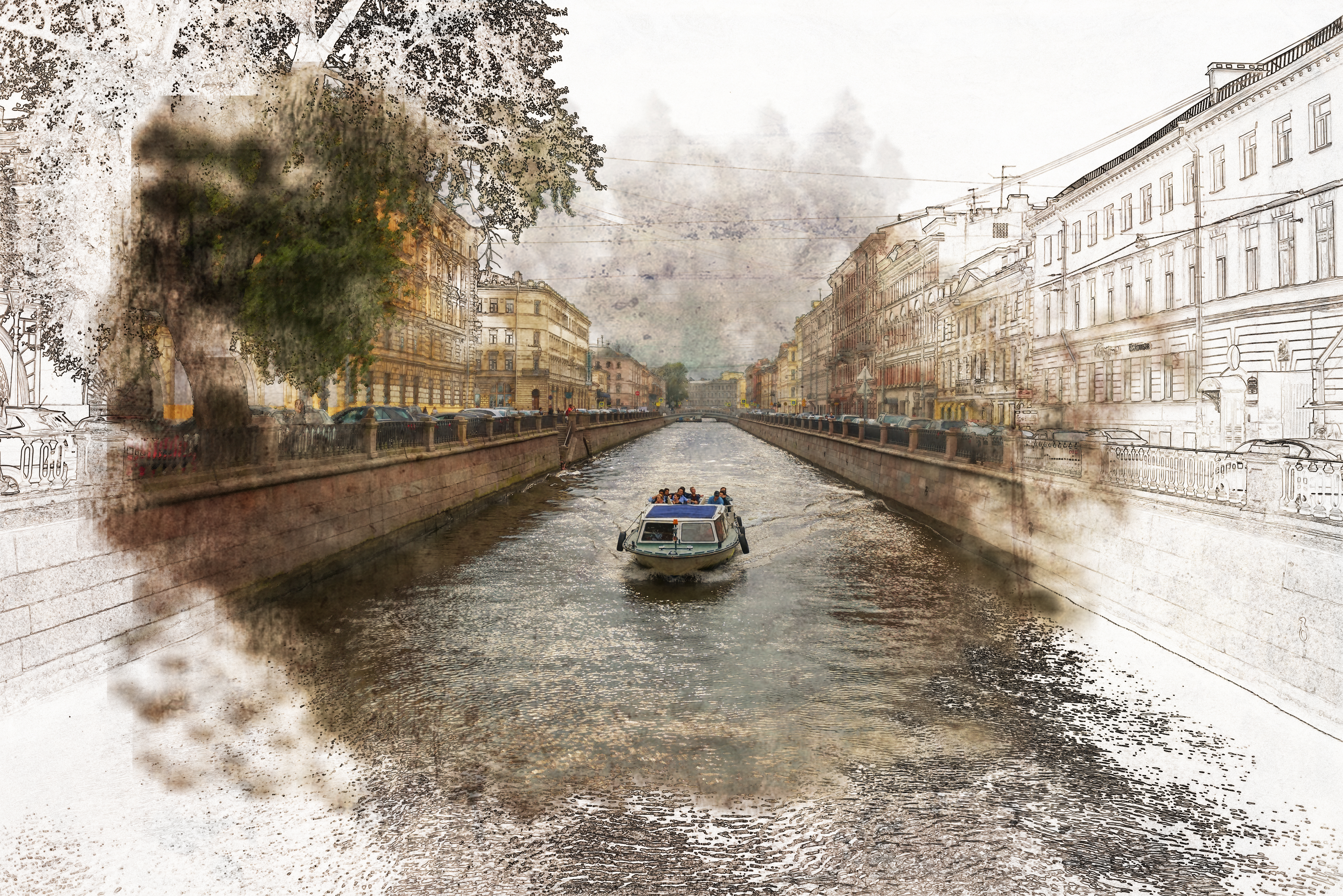 Pleasure boat sails along the Griboedov Canal near the Bank Bridge