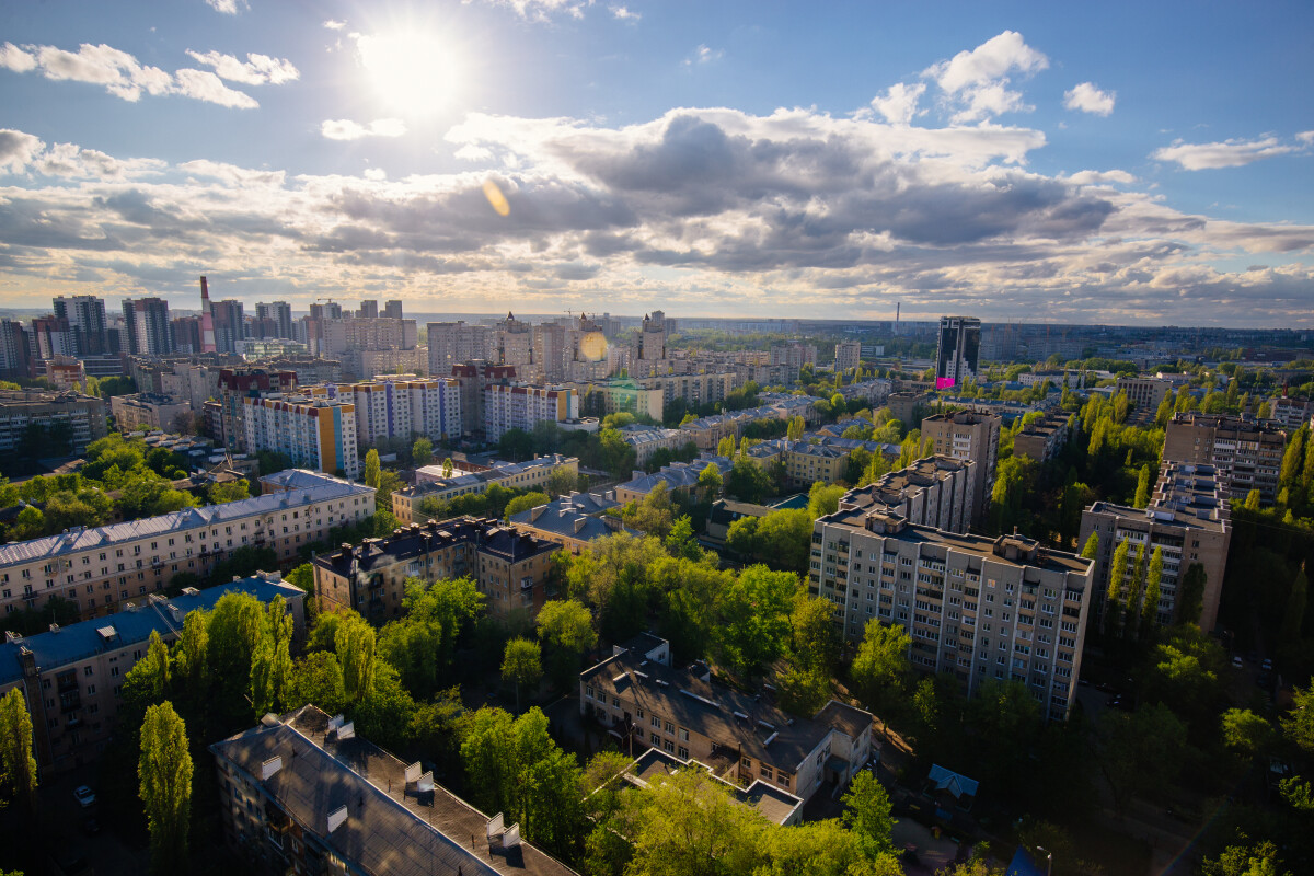 Evening summer Voronezh cityscape, aerial view