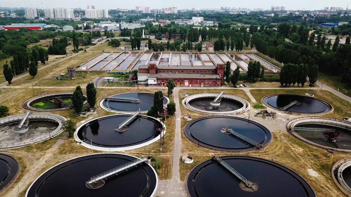 Modern sewage treatment plant, aerial view from drone