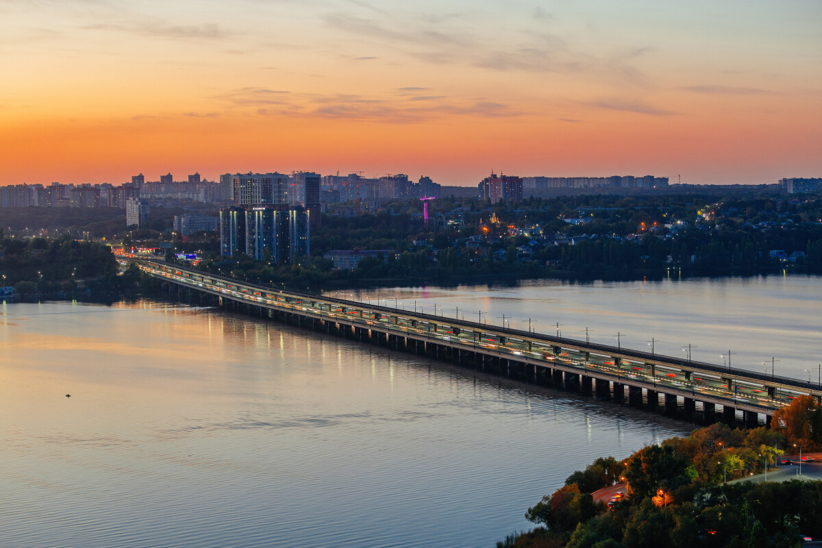 Evening Voronezh. Northern bridge over Voronezh river, aerial view