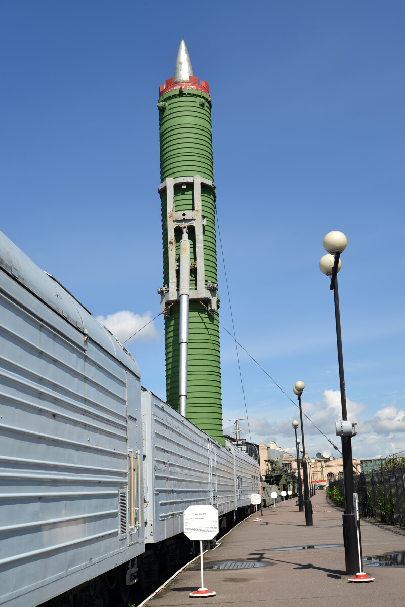 ST. PETERSBURG, RUSSIA - JULY 23, 2015: The fighting railway Good fellow missile system with the intercontinental ballistic missile 15Ж61(РТ-23УТТХ) at the platform