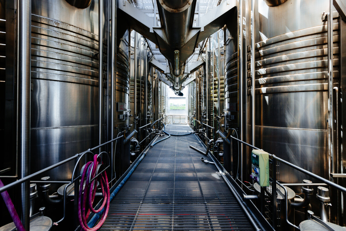 Large tanks for fermentation in the modern winery