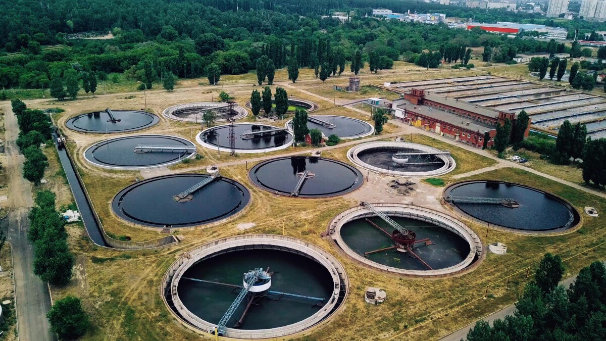 Modern sewage treatment plant, aerial view from drone