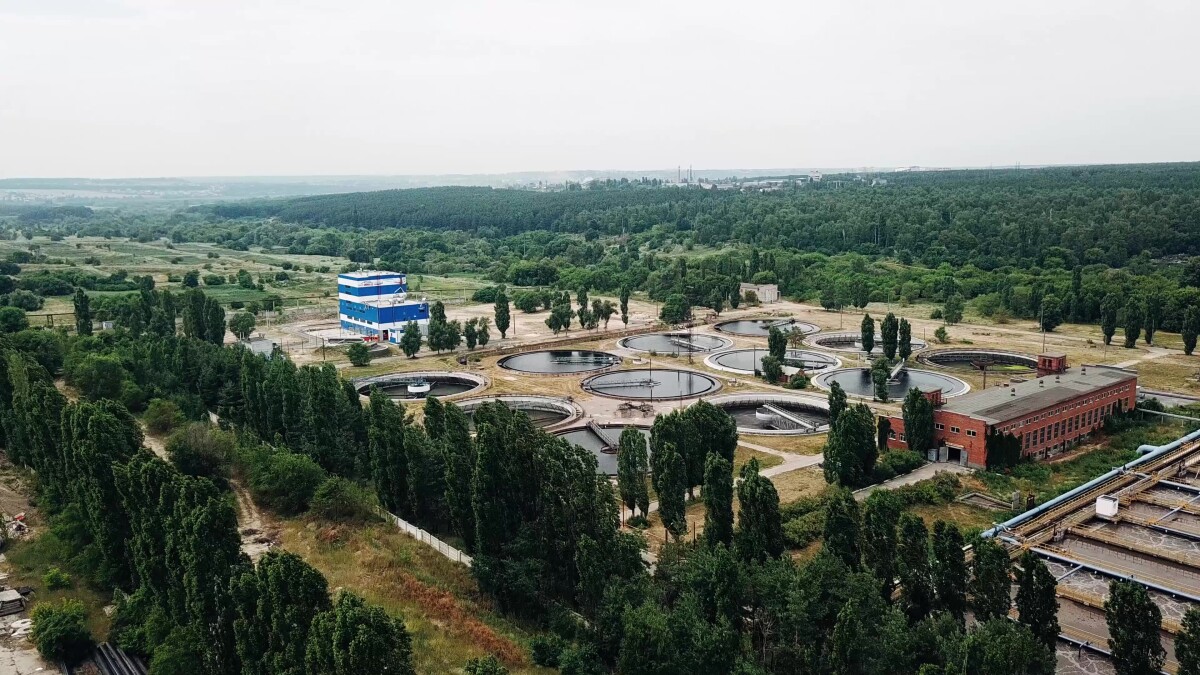 Modern sewage treatment plant, aerial view from drone