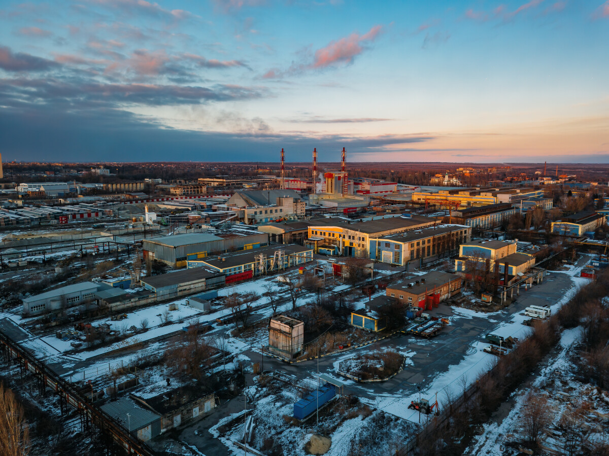 Industrial landscape aerial view. Warehouses and workshops