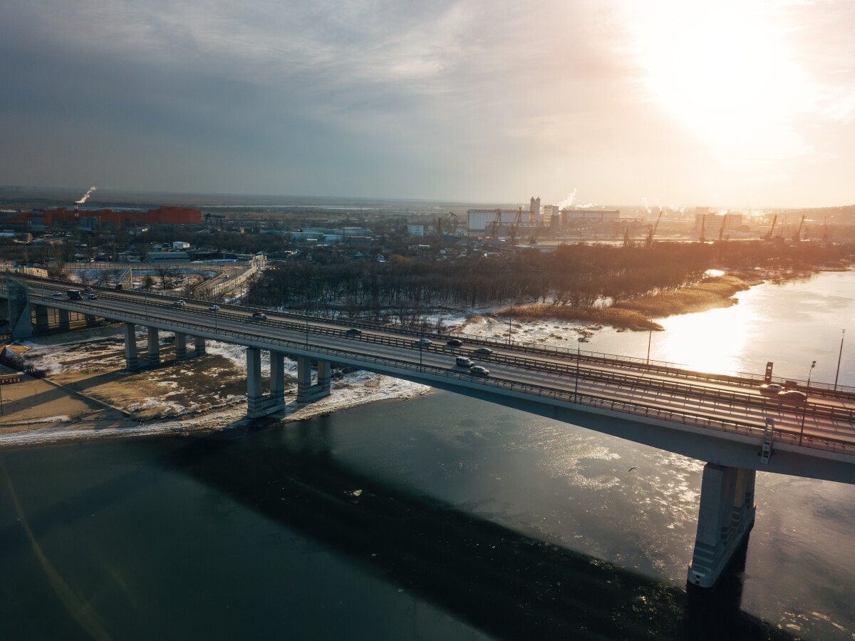 Voroshilovsky bridge in Rostov-on-Don, aerial drone view