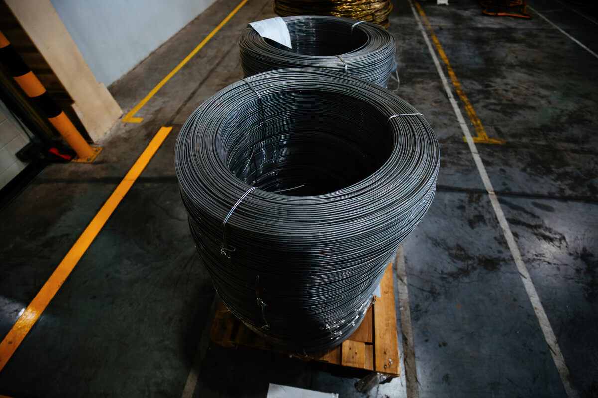 Steel wire coil in metalworking factory