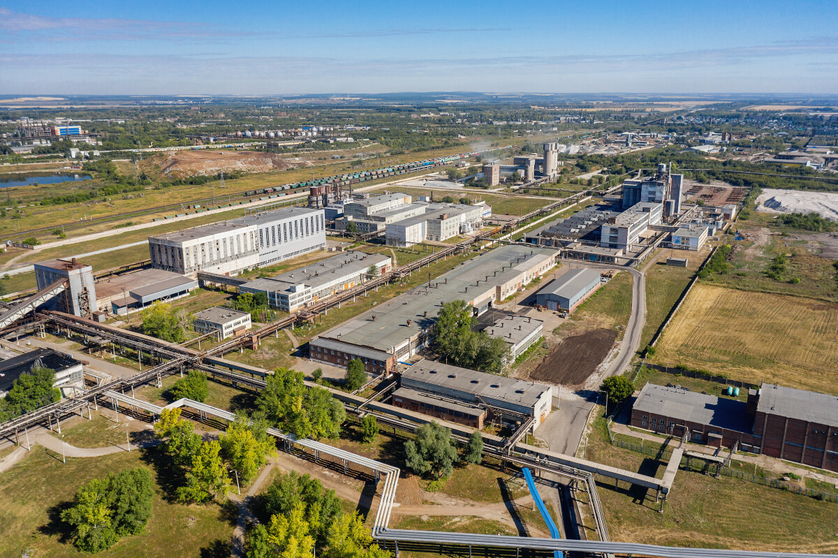 Башкортостан, город Стерлитамак: городская промышленная зона. Вид с воздуха.