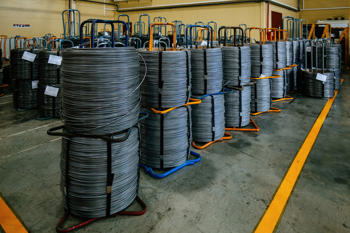 Steel wire coil in metalworking factory