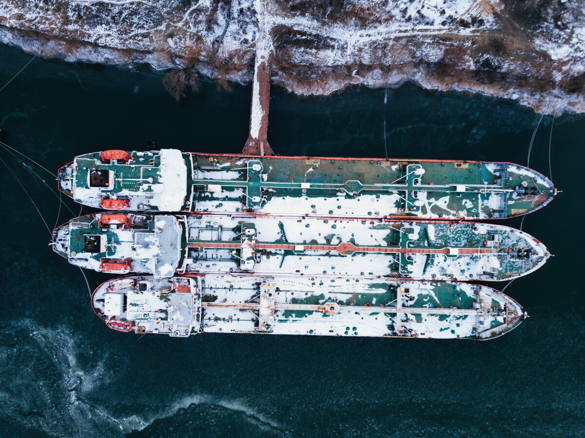 Top view of river barge in river Don, Rostov-on-Don