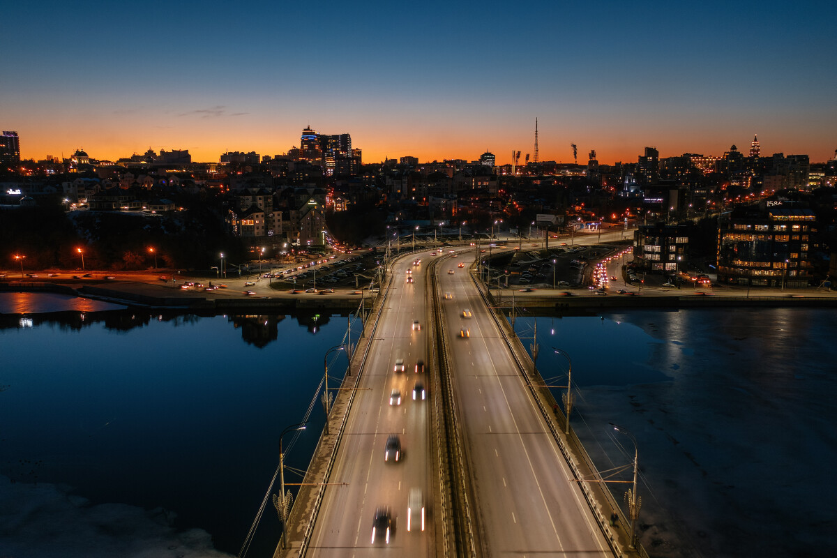 Night winter Voronezh, Chernavsky bridge, aerial view