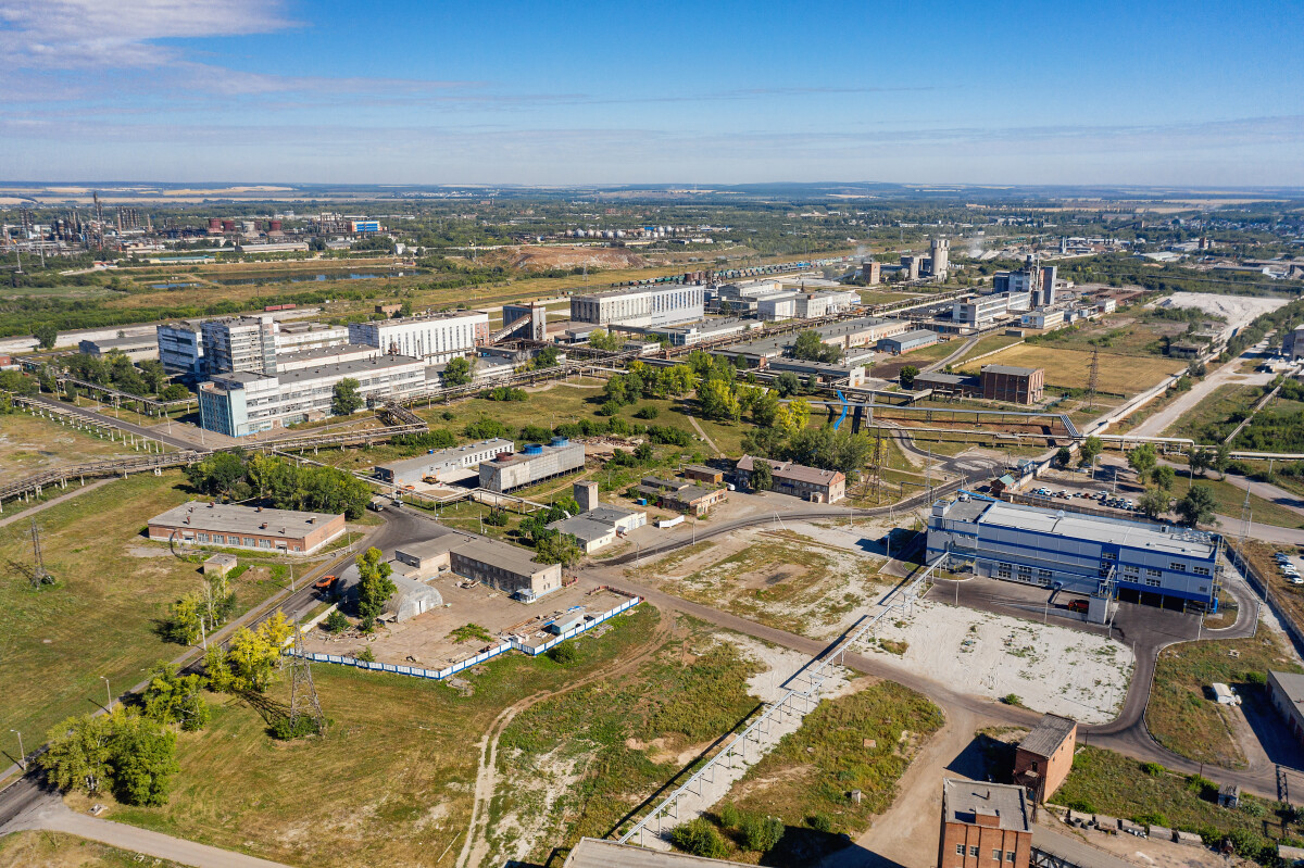 Башкортостан, город Стерлитамак: городская промышленная зона. Вид с воздуха.