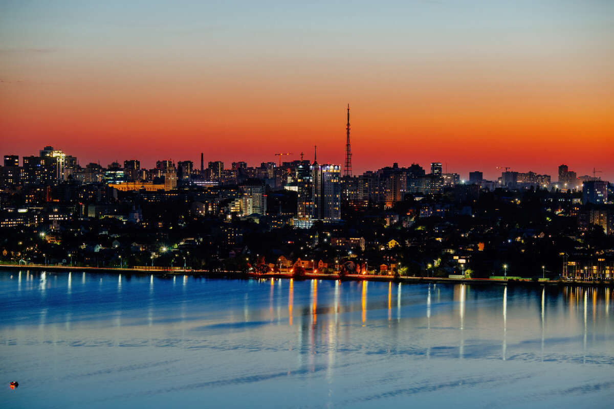 Voronezh skyline at crimson sunset, aerial view