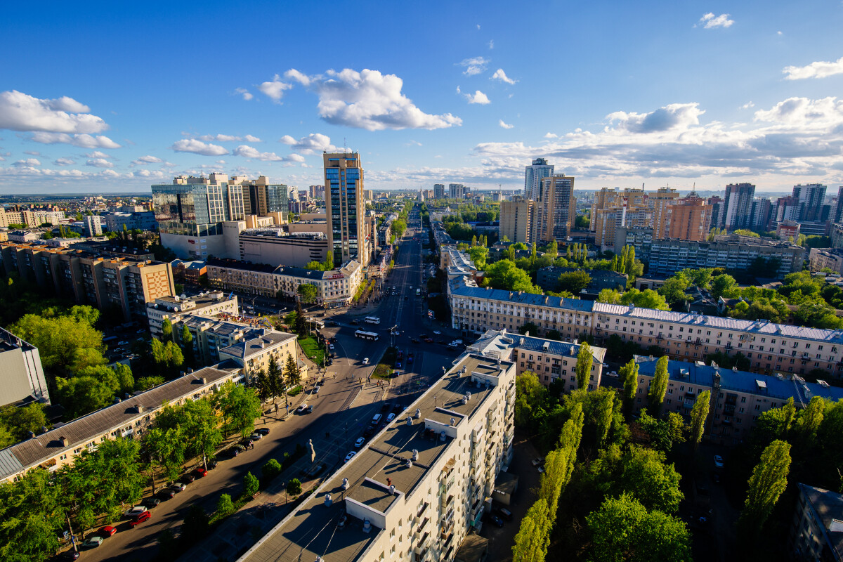 Evening summer Voronezh cityscape, aerial view