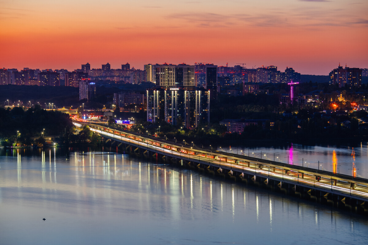 Evening Voronezh. Northern bridge over Voronezh river, aerial view