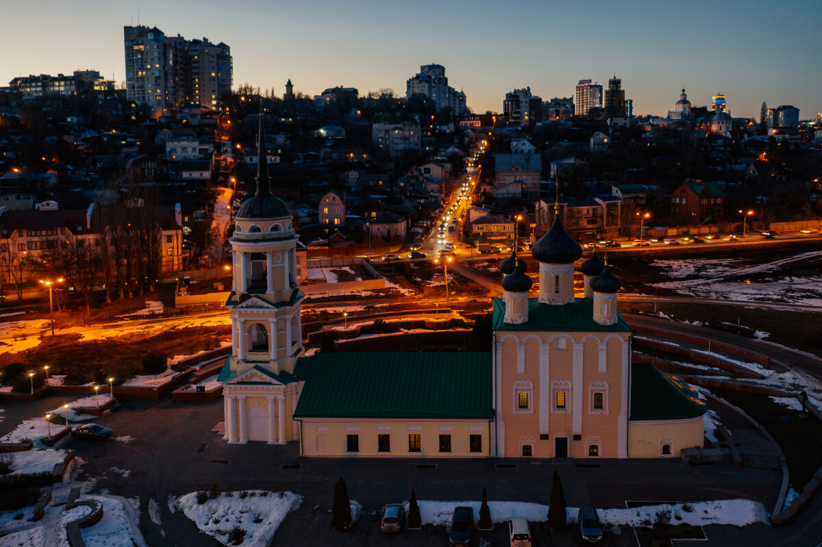 City of Voronezh, aerial view. Admiralteiskaya square, Assumption Admiralty Church and monument of first Russian ship