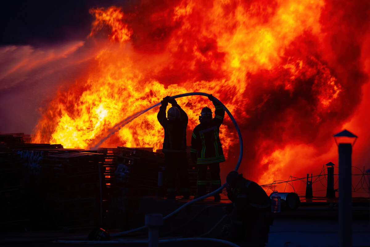 Firefighters extinguish burning industrial building in the city