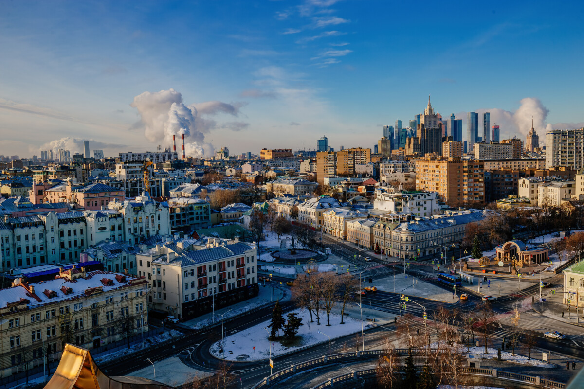 Aerial Moscow skyline in sunny winter day