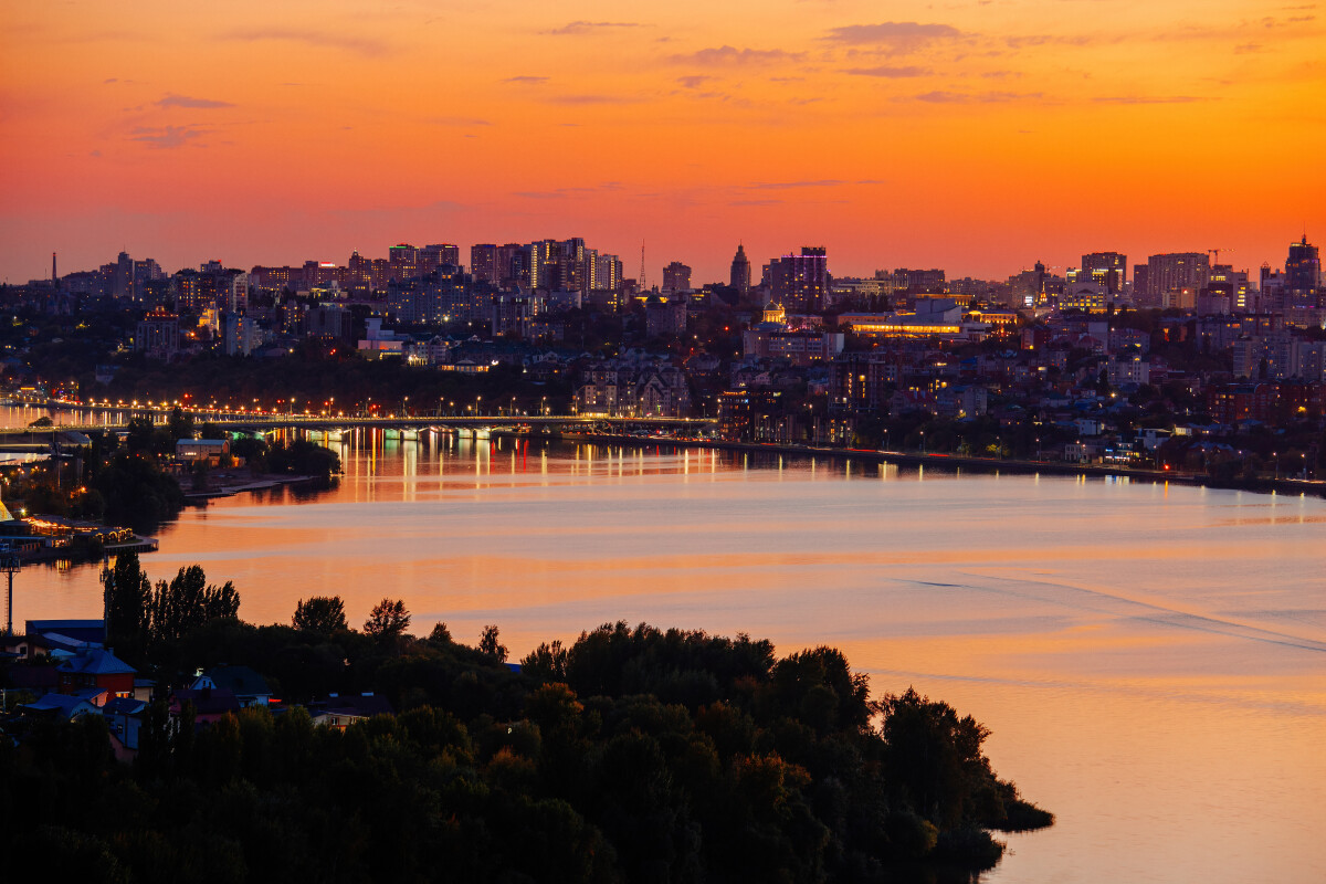 Voronezh skyline at crimson sunset, aerial view