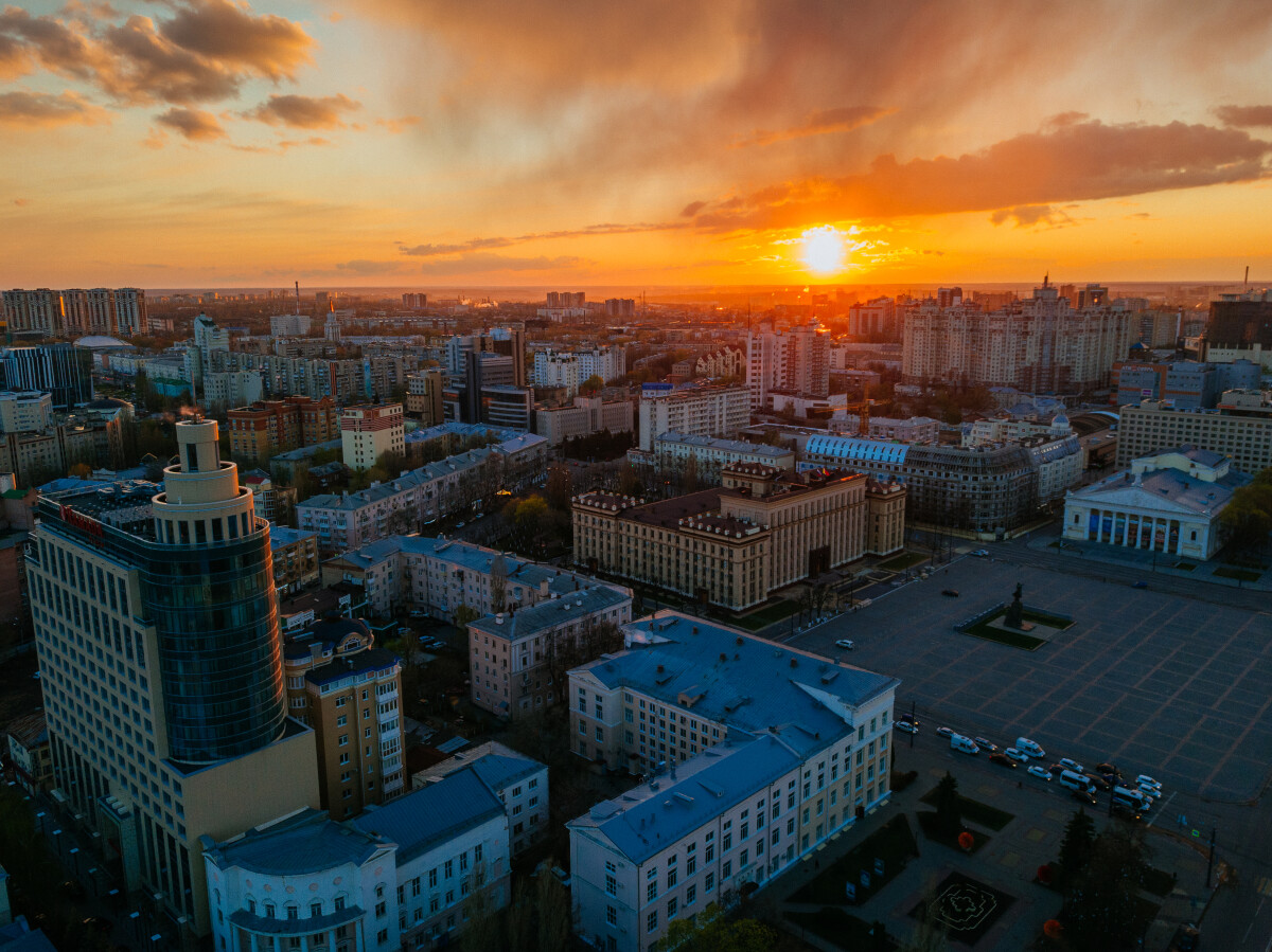 Evening spring central Voronezh cityscape at sunset, aerial view