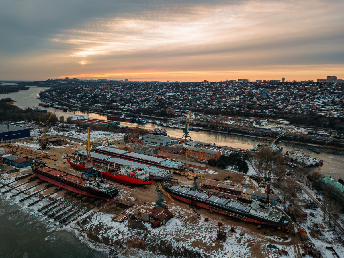 Ships and barges in dry dock for repair, aerial view