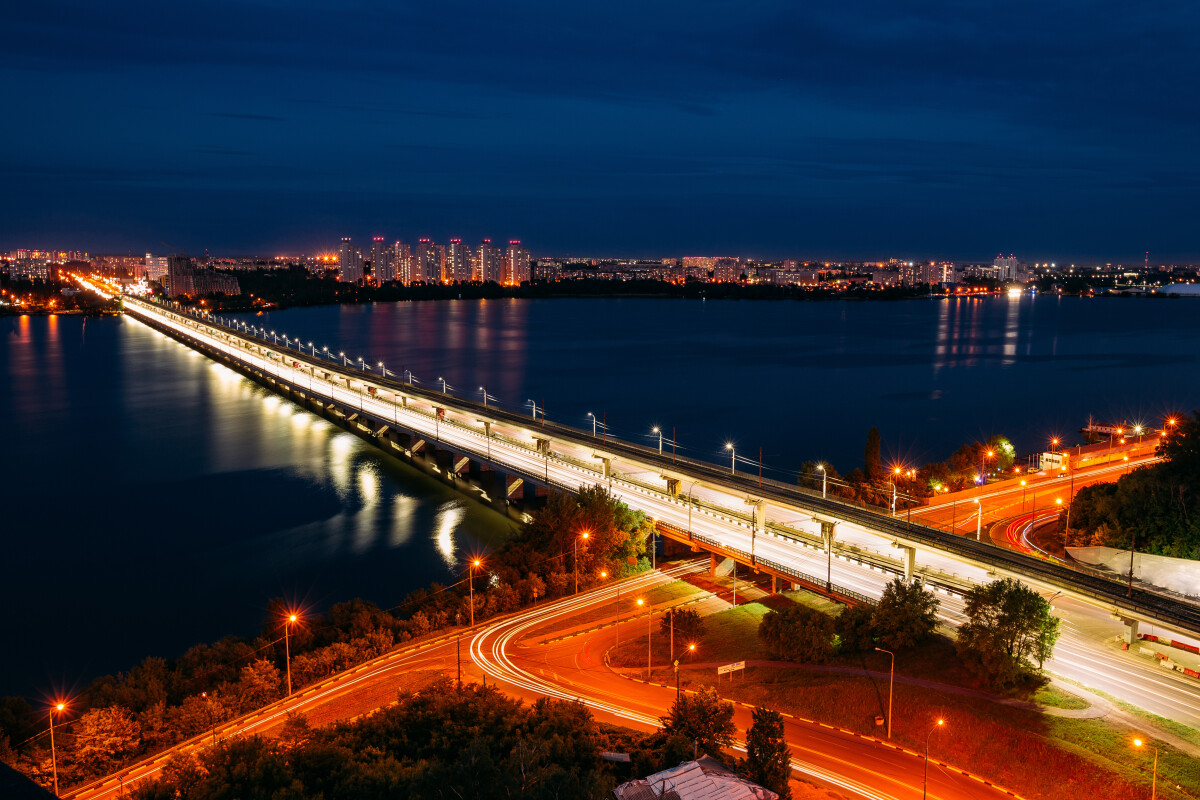 Evening autumn Voronezh. Vogresovsky bridge over Voronezh river, aerial view