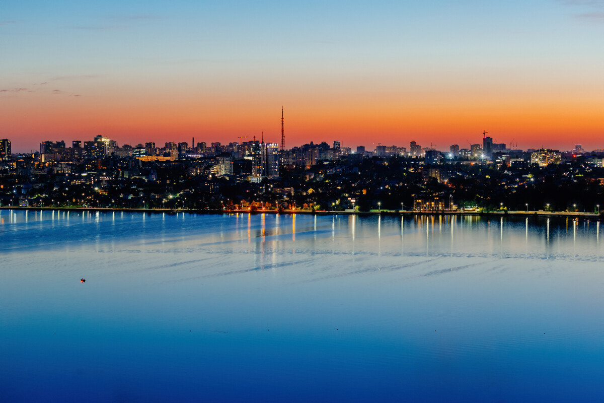 Voronezh skyline at crimson sunset, aerial view