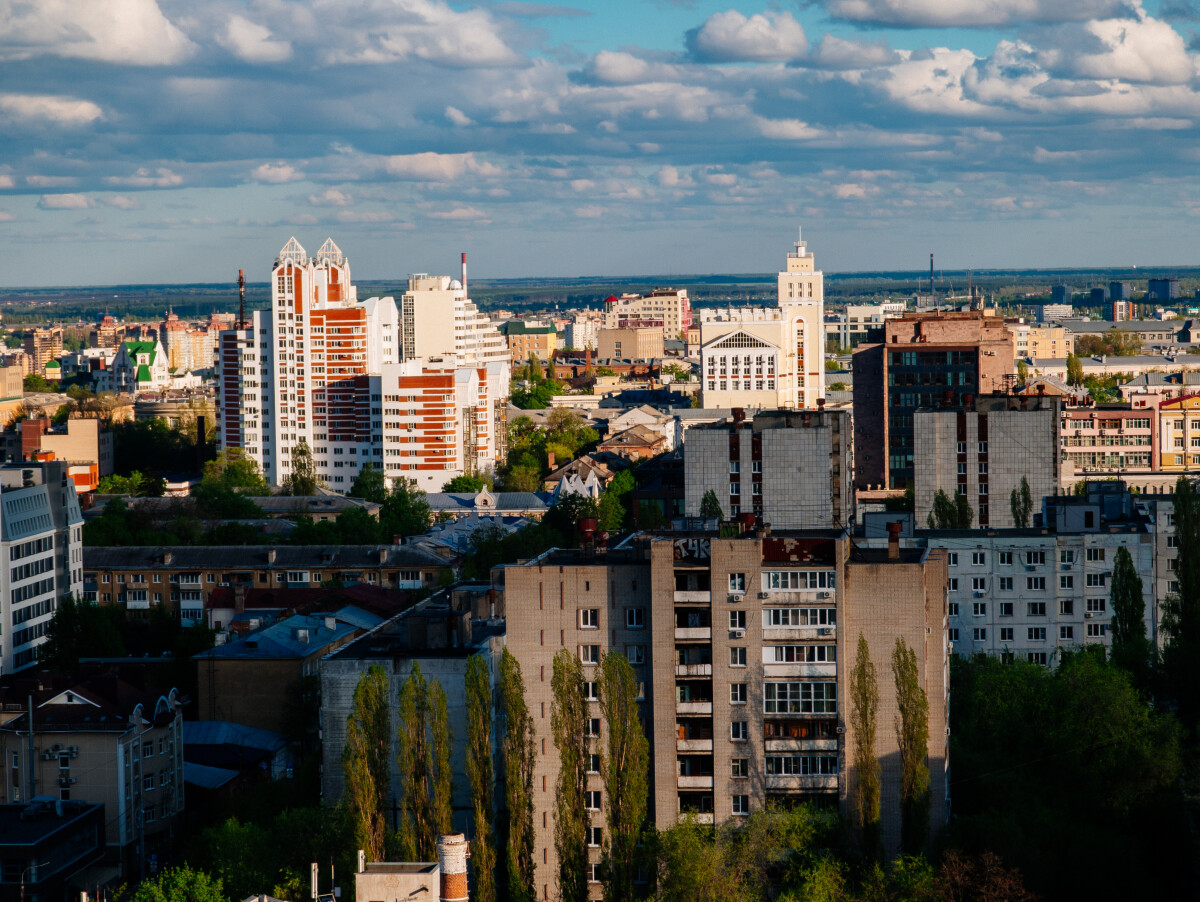 Evening summer Voronezh cityscape, aerial view