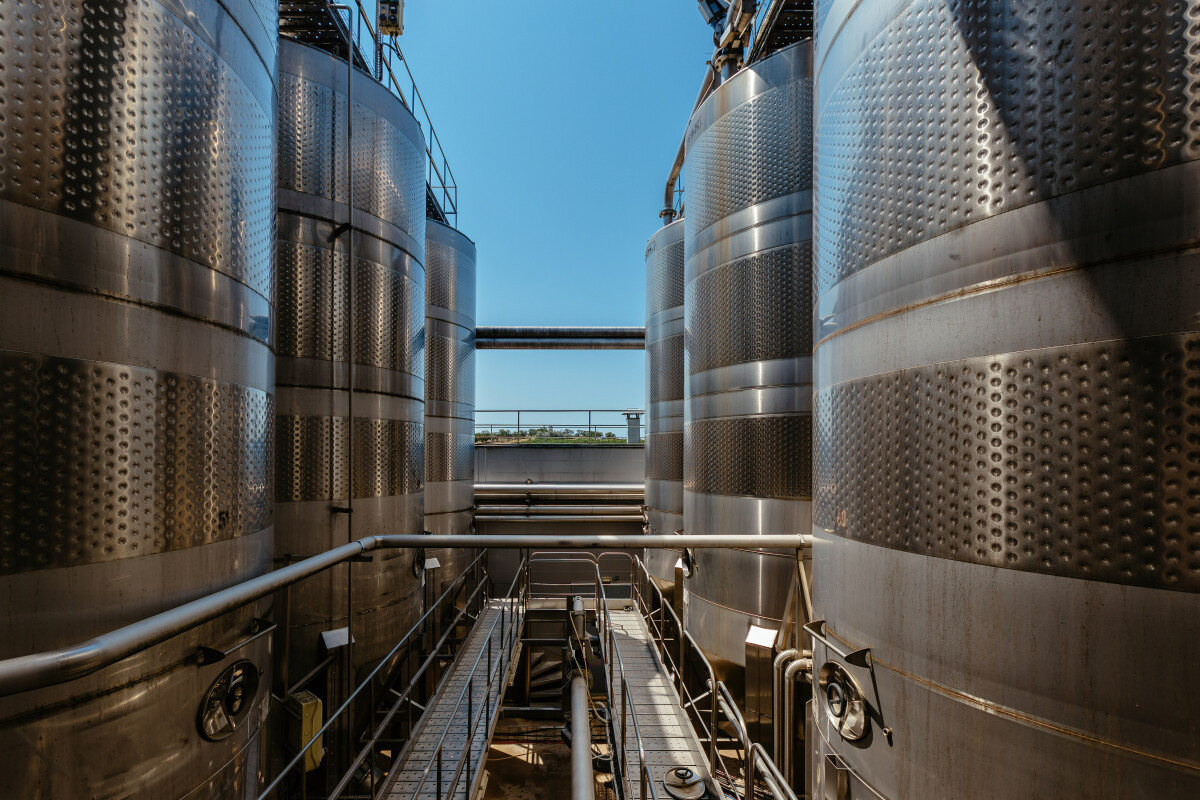 Modern winery production line. Large tanks for fermentation