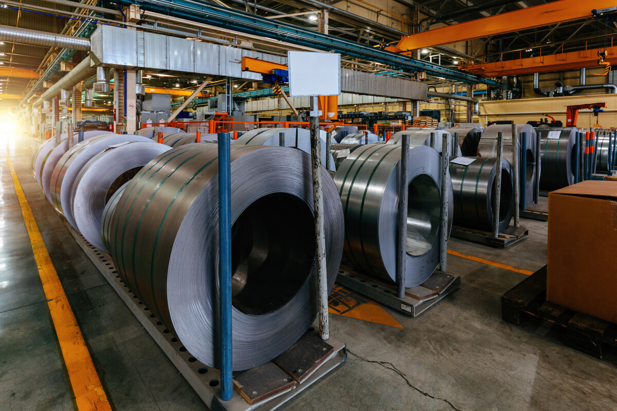 Roll of galvanized steel sheets in metalworking factory