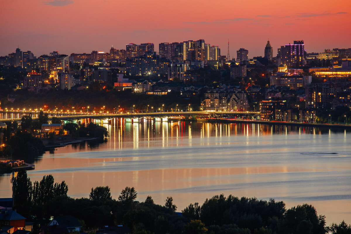 Voronezh skyline at crimson sunset, aerial view