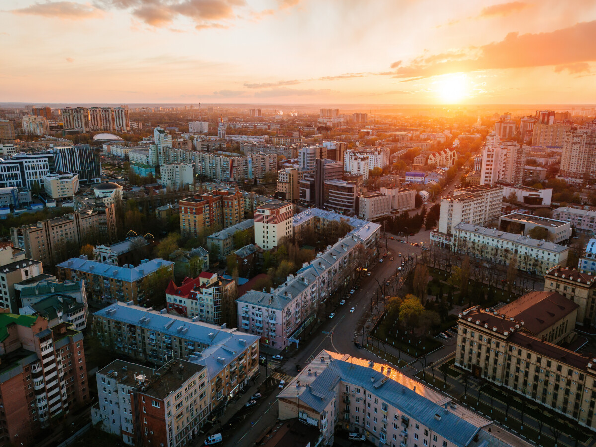 Evening spring Voronezh cityscape at sunset, aerial view