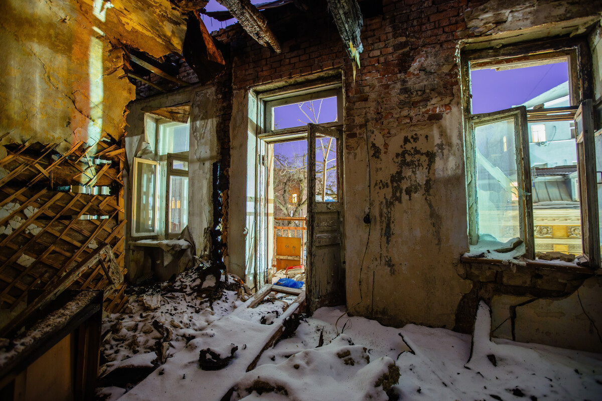 Interior of old historical mansion after fire