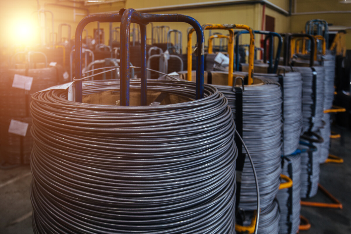 Steel wire coil in metalworking factory