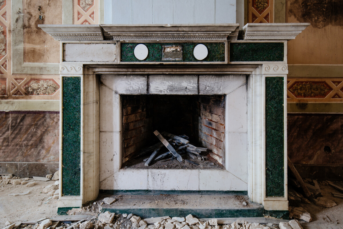 Old fireplace in abandoned mansion Pertovo-Dalnee, Moscow region