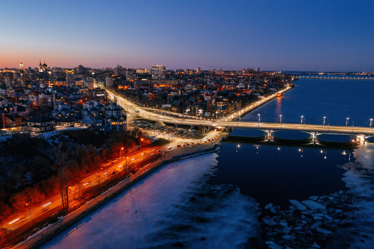 Night winter Voronezh. Massalitinov embankment and Chernavsky bridge, aerial view