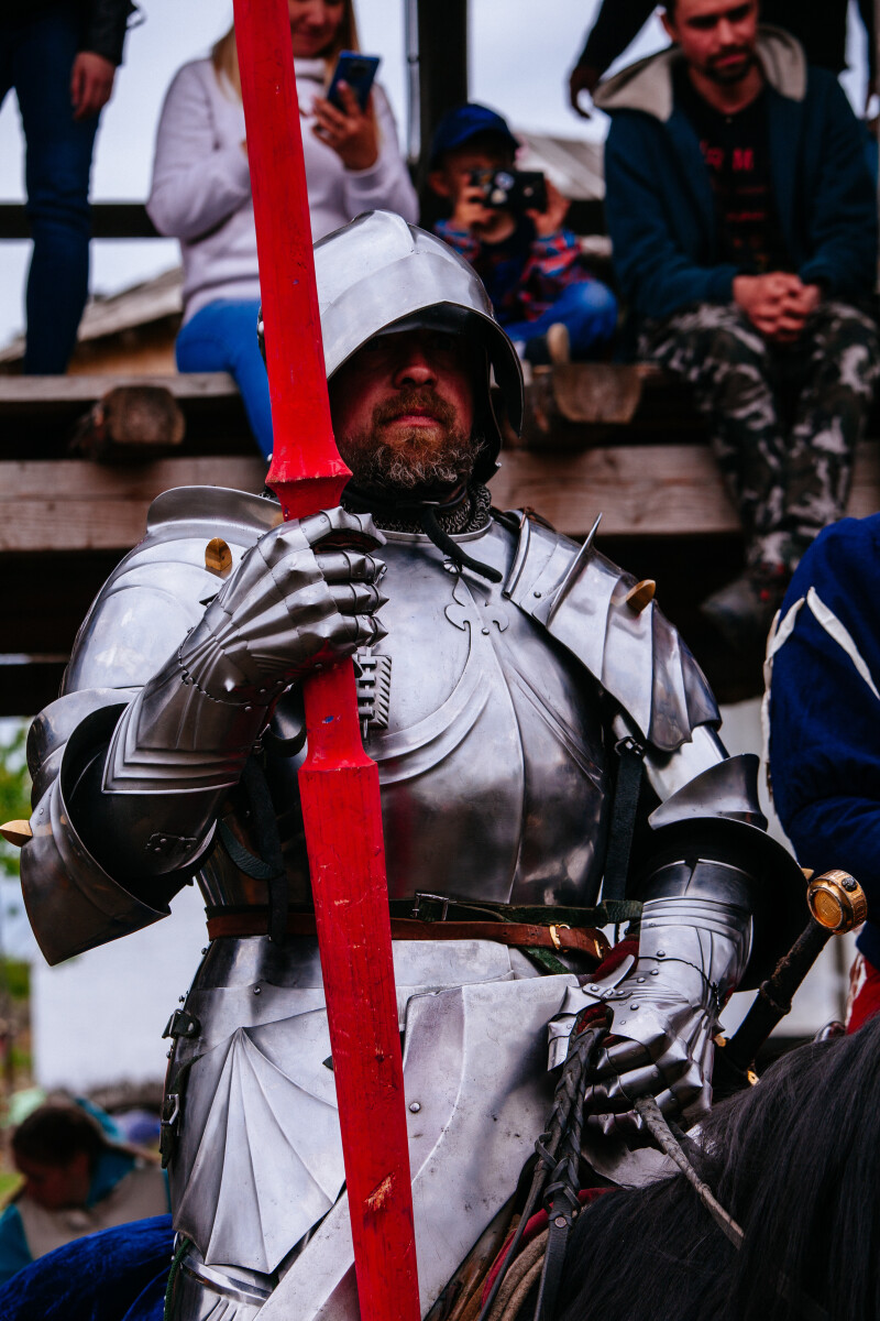 Knight on the horse in a jousting tournament in Lipetsk Region, Russia, May 21, 2022