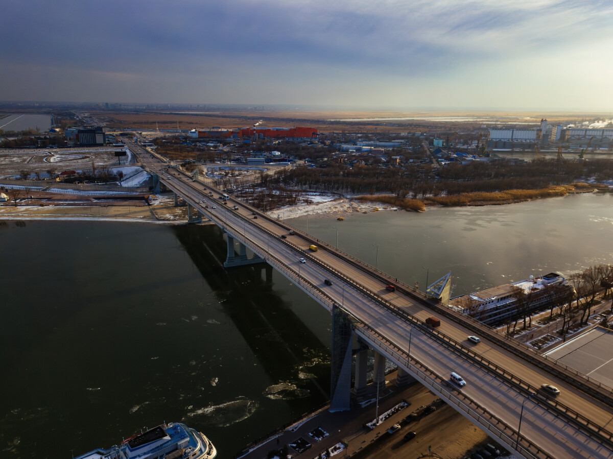 Voroshilovsky bridge in Rostov-on-Don, aerial drone view