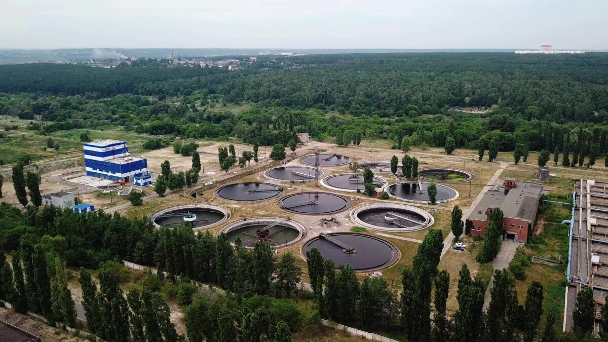 Modern sewage treatment plant, aerial view from drone