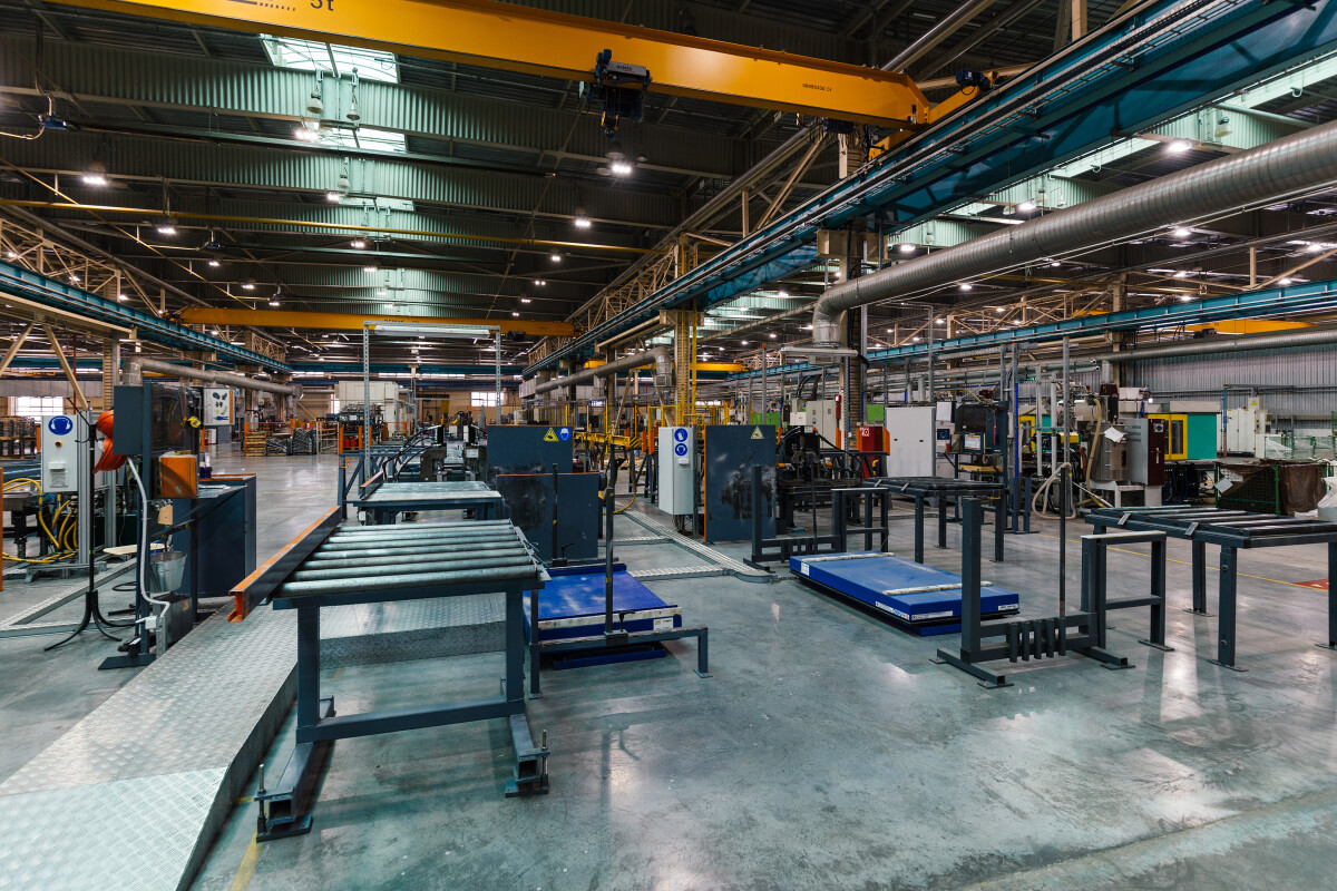 Metalworking factory production line. Interior of the workshop