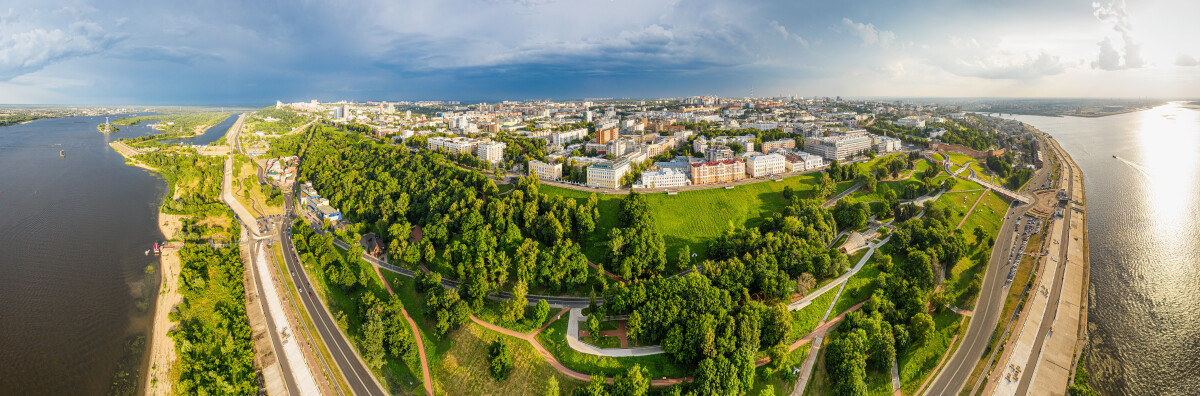 Нижний Новгород, панорама исторического центра города. Вид с воздуха.