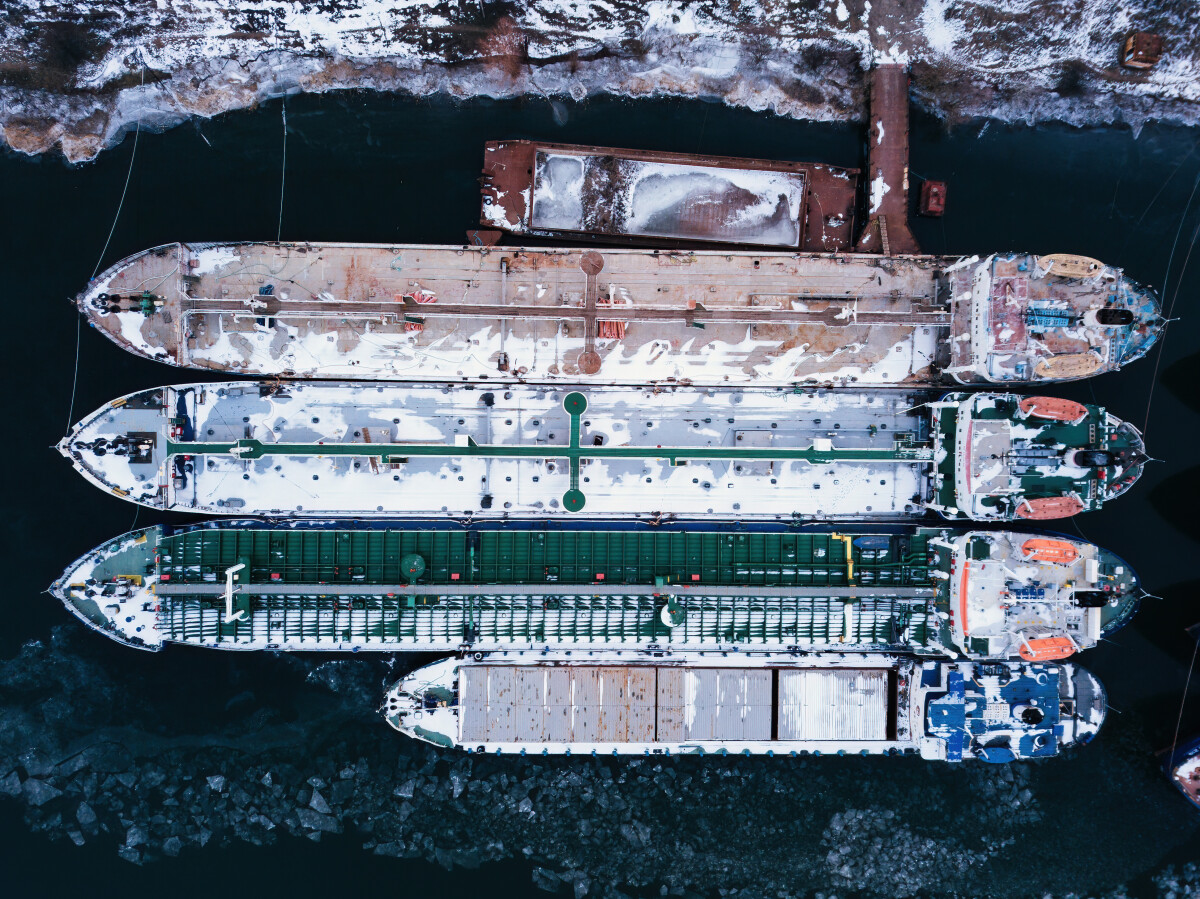 Top view of river barge in river Don, Rostov-on-Don