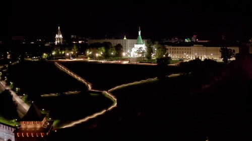 Нижний Новгород, набережная. Историческая часть города ночью. Вид с воздуха.