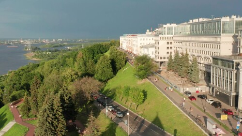 Нижний Новгород. Исторический центр города, набережная. Вид с воздуха.