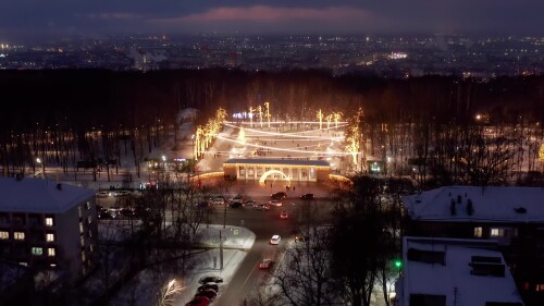 Нижний Новгород зимой. Парк Швейцария ночью. Вид с воздуха.