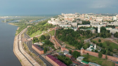 Нижний Новгород. Исторический центр города, набережная. Вид с воздуха.