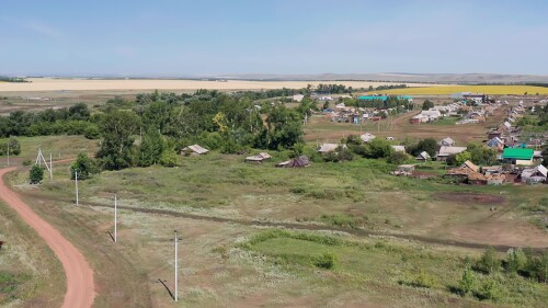 Поволжье, Оренбургская область, село Думино и поле пшеницы рядом с ним. Вид с воздуха.