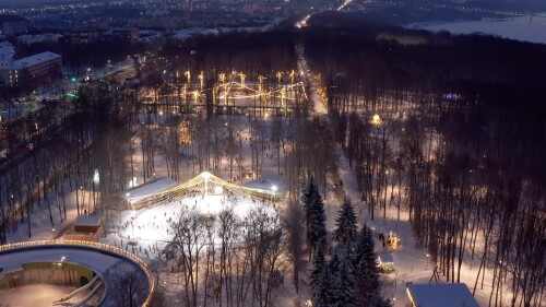 Нижний Новгород зимой. Парк Швейцария ночью. Вид с воздуха.