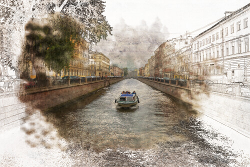 Pleasure boat sails along the Griboedov Canal near the Bank Bridge. Artistic processing of semi-antique photography